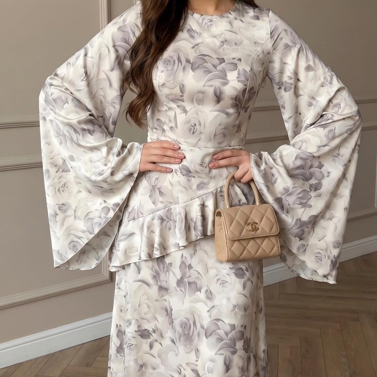Floral Satin Maxi Dress – Watercolour Rose Bell Sleeve Dress