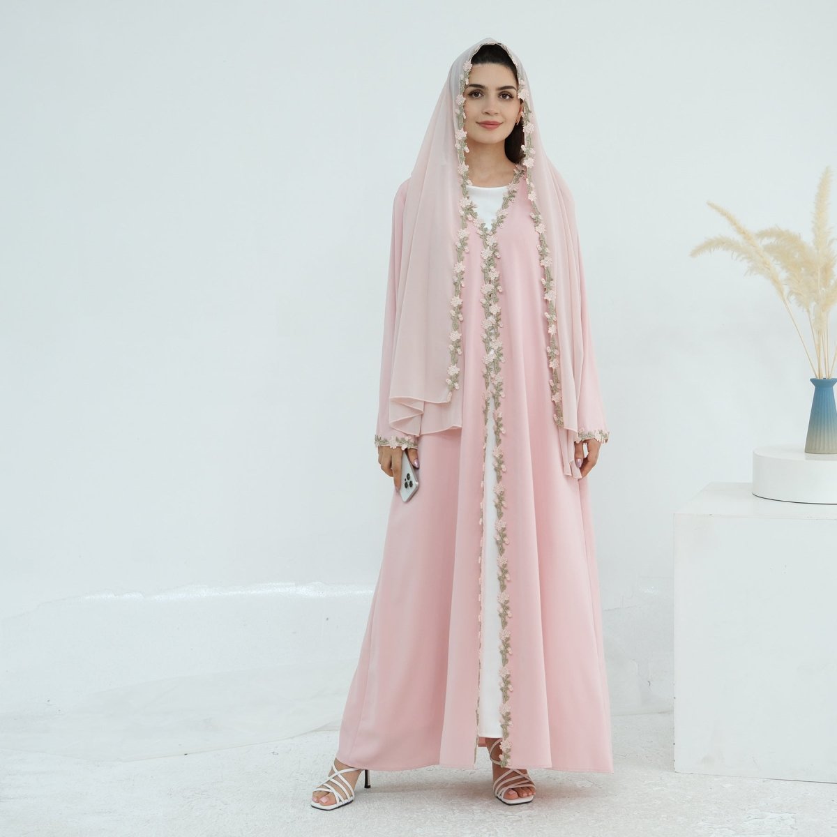 Floral Trim Abaya & Hijab Set(MOA254) - Mariam's Collection