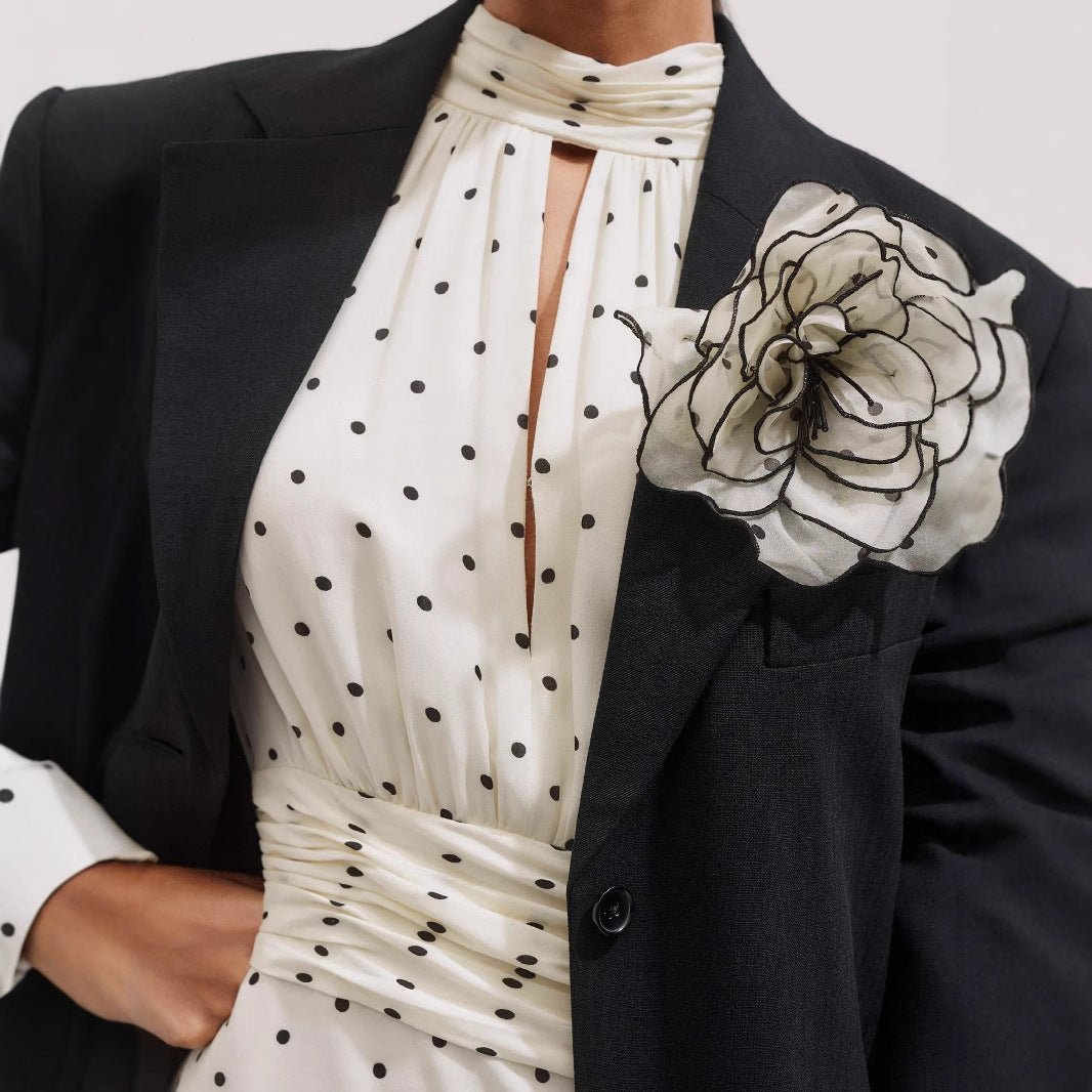 Flowy Silhouette Long Sleeve Stand Collar Polka Dot Pleated Waist Beach Dress.(MA163) - Mariam's Collection