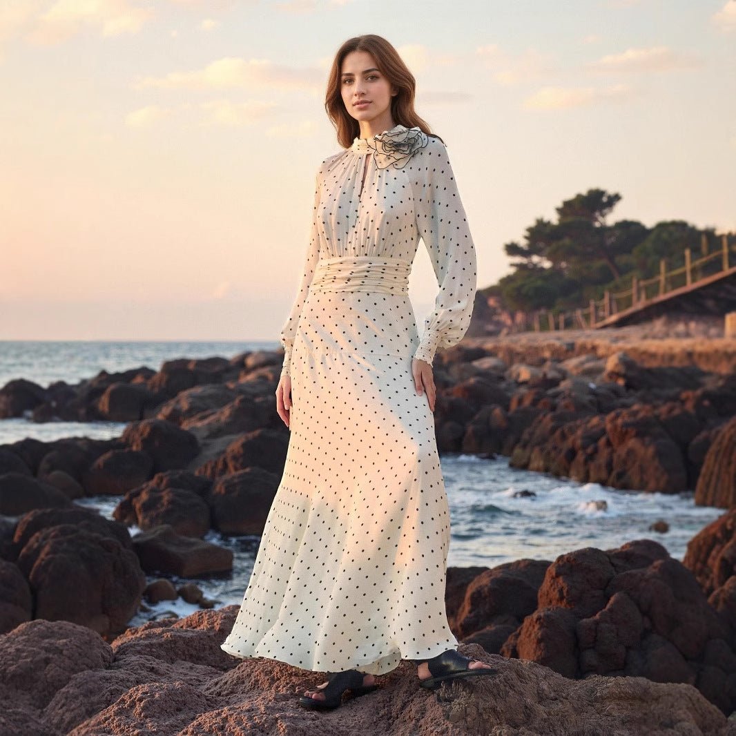 Flowy Silhouette Long Sleeve Stand Collar Polka Dot Pleated Waist Beach Dress.(MA163) - Mariam's Collection