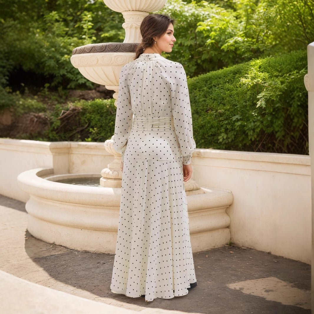 Flowy Silhouette Long Sleeve Stand Collar Polka Dot Pleated Waist Beach Dress.(MA163) - Mariam's Collection