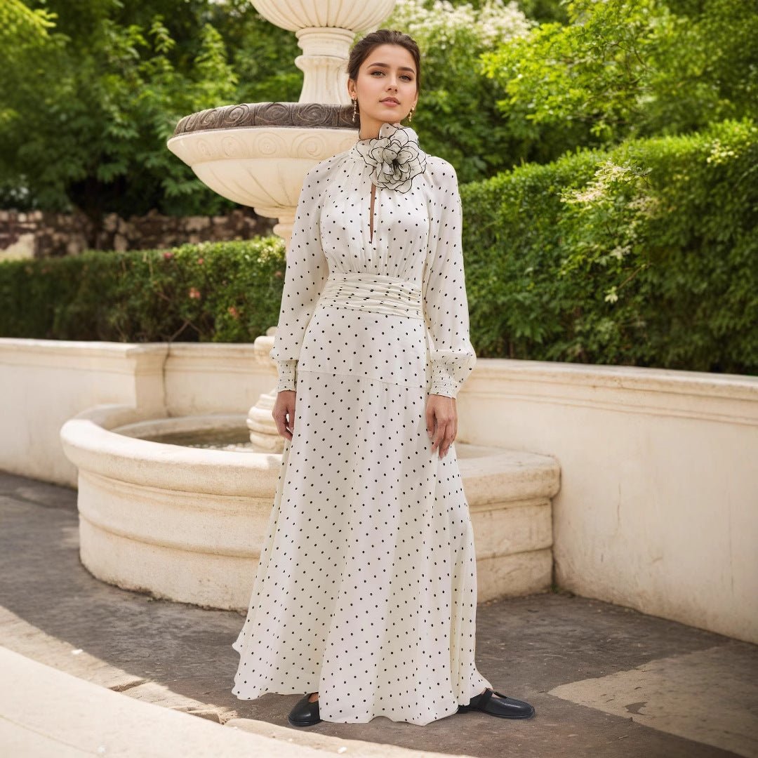 Flowy Silhouette Long Sleeve Stand Collar Polka Dot Pleated Waist Beach Dress.(MA163) - Mariam's Collection