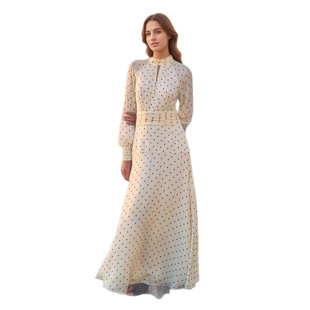 Flowy Silhouette Long Sleeve Stand Collar Polka Dot Pleated Waist Beach Dress.(MA163) - Mariam's Collection