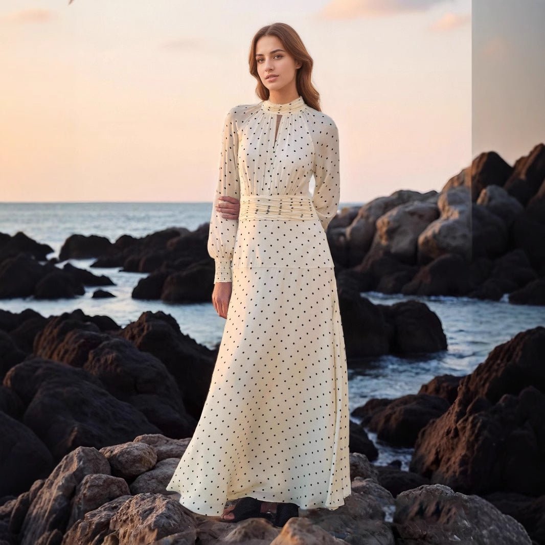Flowy Silhouette Long Sleeve Stand Collar Polka Dot Pleated Waist Beach Dress.(MA163) - Mariam's Collection