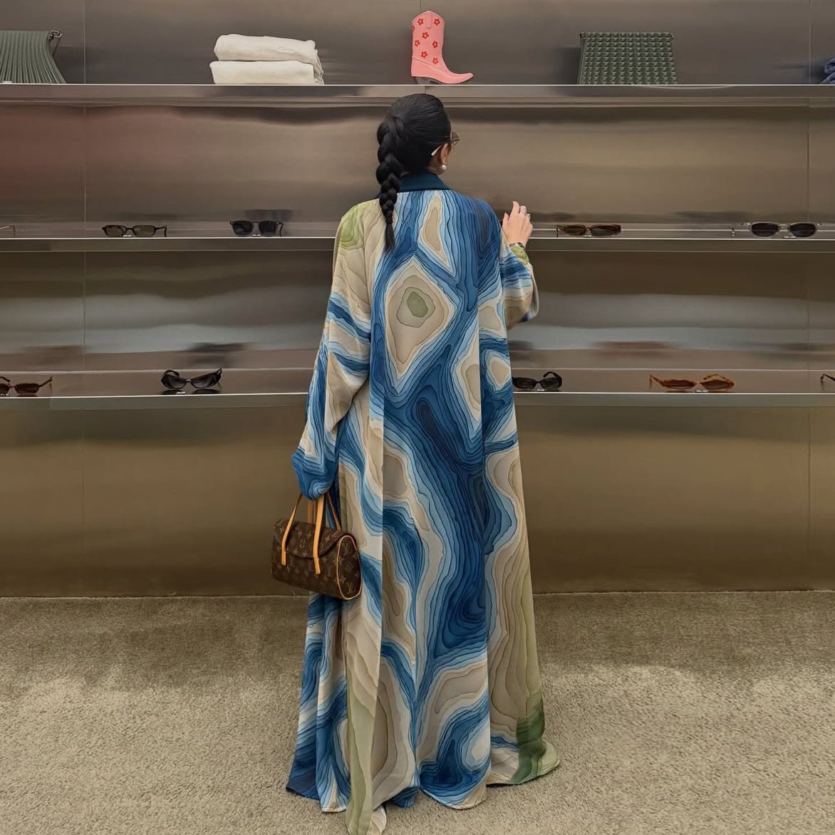 Fluid Topographic Print Open Abaya & Matching Hijab Set(MOA331) - Mariam's Collection