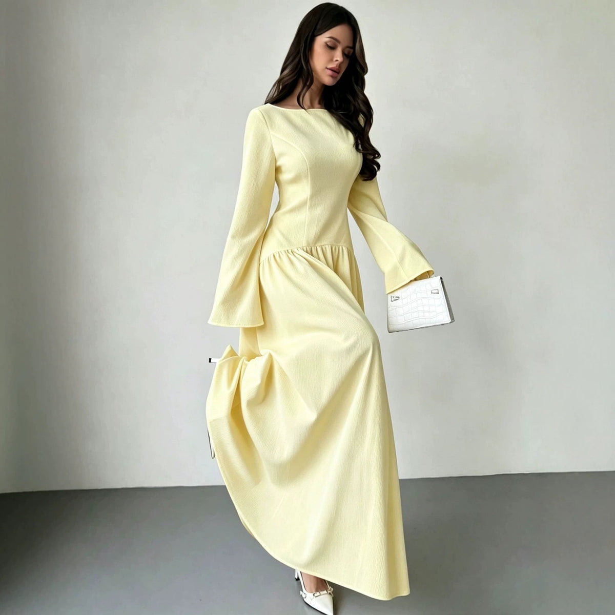French-Inspired Boat-Neck Maxi Dress(MS565) - Mariam's Collection