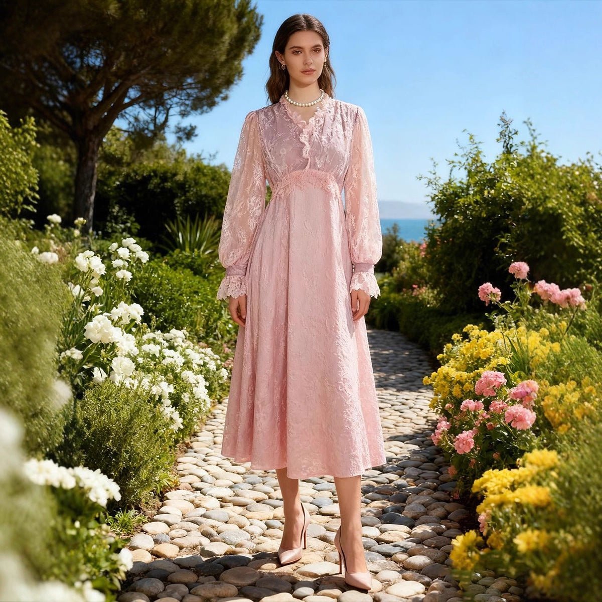 French Lace V - Neck Maxi Dress(MS361) - Mariam's Collection