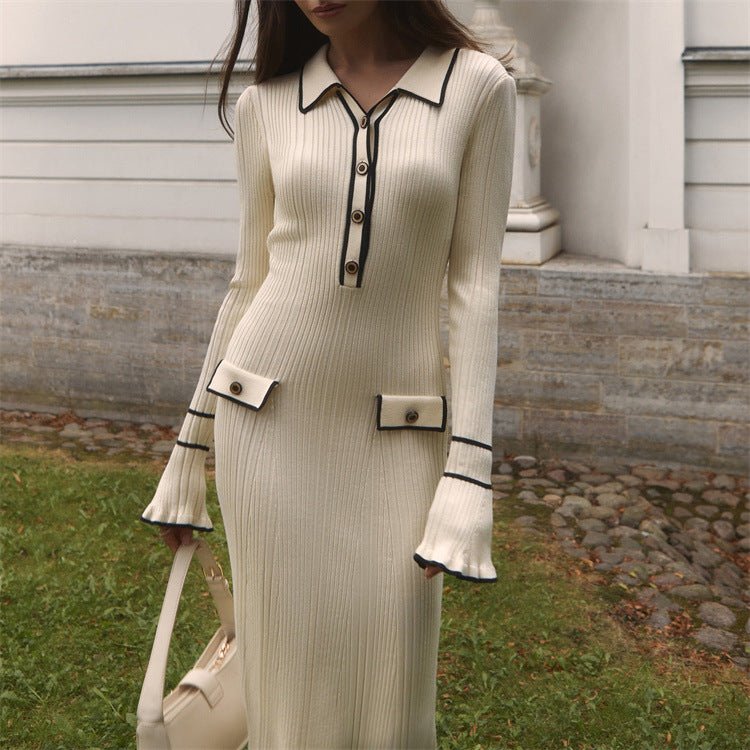 French Luxury Ruffle Trim Knit Dress | Collared Midi Sweater Dress(MS1