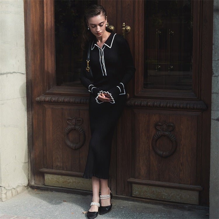 French Luxury Ruffle Trim Knit Dress | Collared Midi Sweater Dress(MS199) - Mariam's Collection