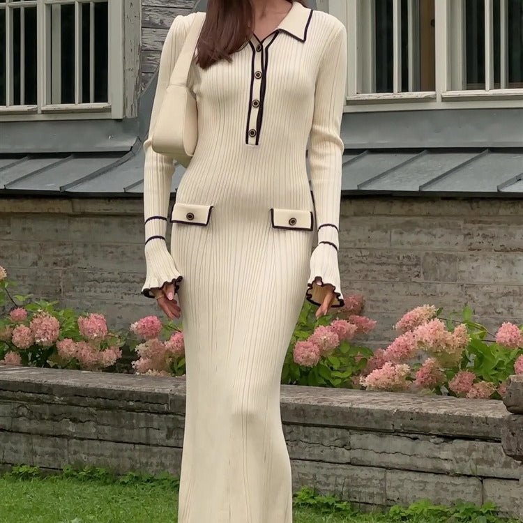 French Luxury Ruffle Trim Knit Dress | Collared Midi Sweater Dress(MS1