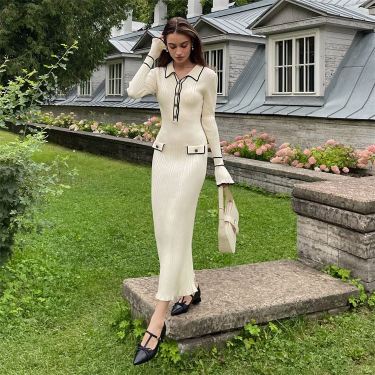 French Luxury Ruffle Trim Knit Dress | Collared Midi Sweater Dress(MS1