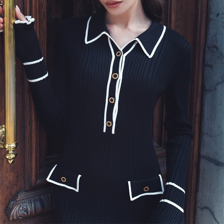 French Luxury Ruffle Trim Knit Dress | Collared Midi Sweater Dress(MS1