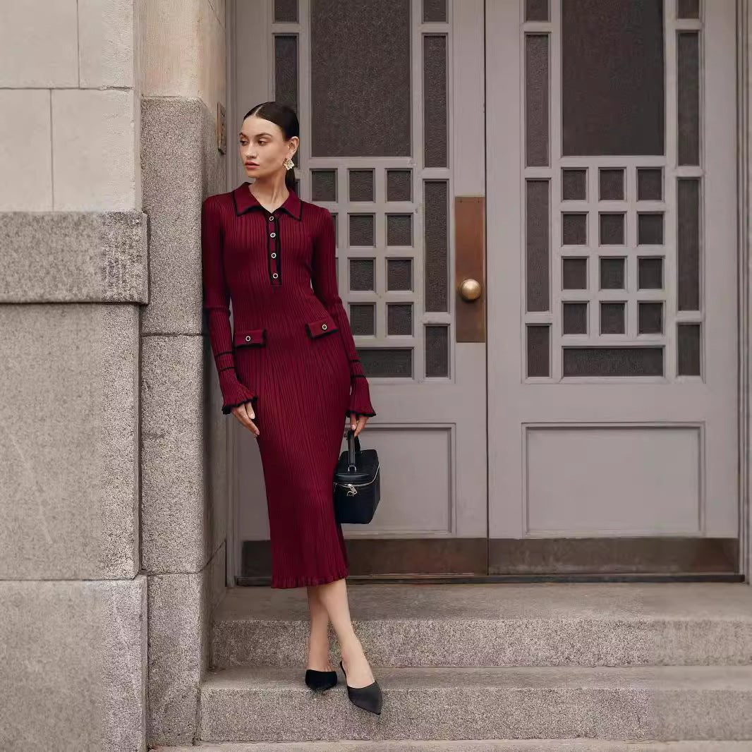 French Luxury Ruffle Trim Knit Dress | Collared Midi Sweater Dress(MS199), Burgundy / L French Luxury Ruffle Trim Knit Dress | Collared Midi Sweater Dress(MS199), Burgundy / L