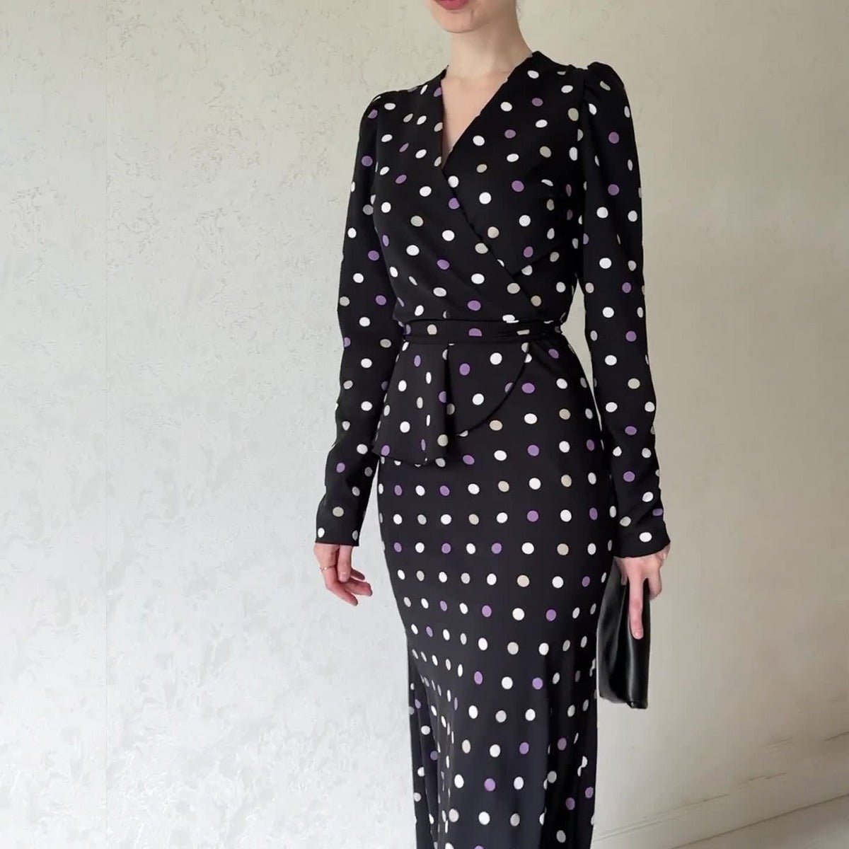 French Polka Dot V - Neck Fishtail Wedding and Holiday Dress Abaya. (MA197) - Mariam's Collection