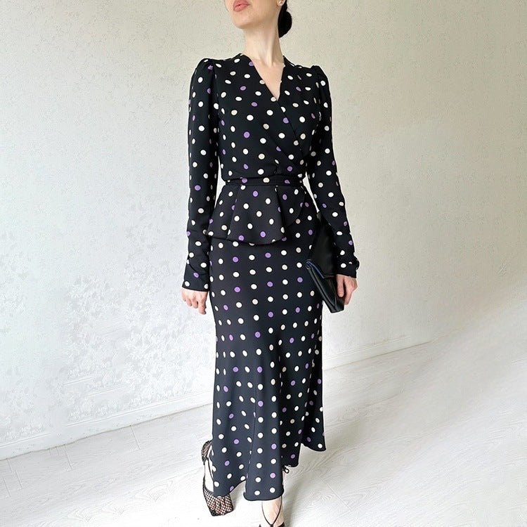 French Polka Dot V - Neck Fishtail Wedding and Holiday Dress Abaya. (MA197) - Mariam's Collection