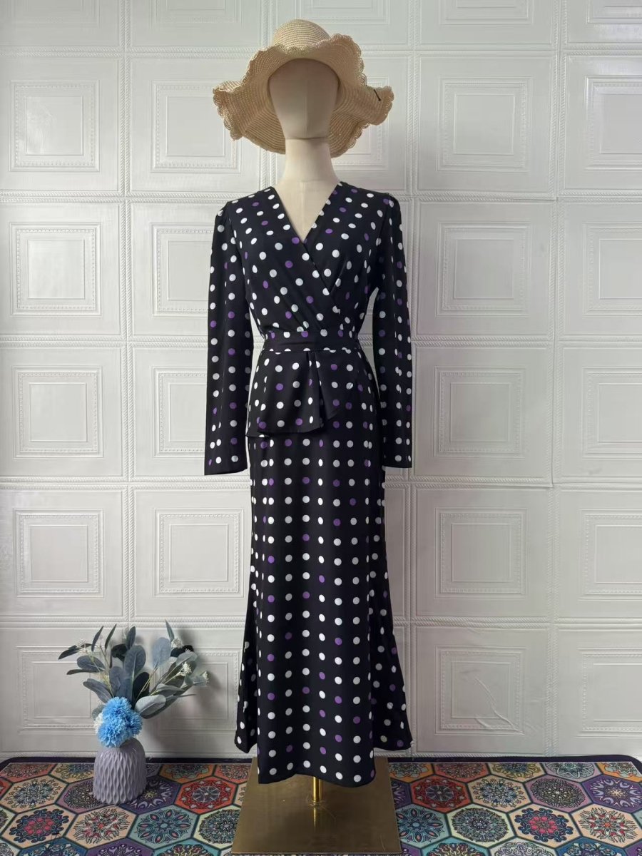 French Polka Dot V-Neck Fishtail Wedding and Holiday Dress Abaya (MA197), Black / S French Polka Dot V-Neck Fishtail Wedding and Holiday Dress Abaya (MA197), Black / S