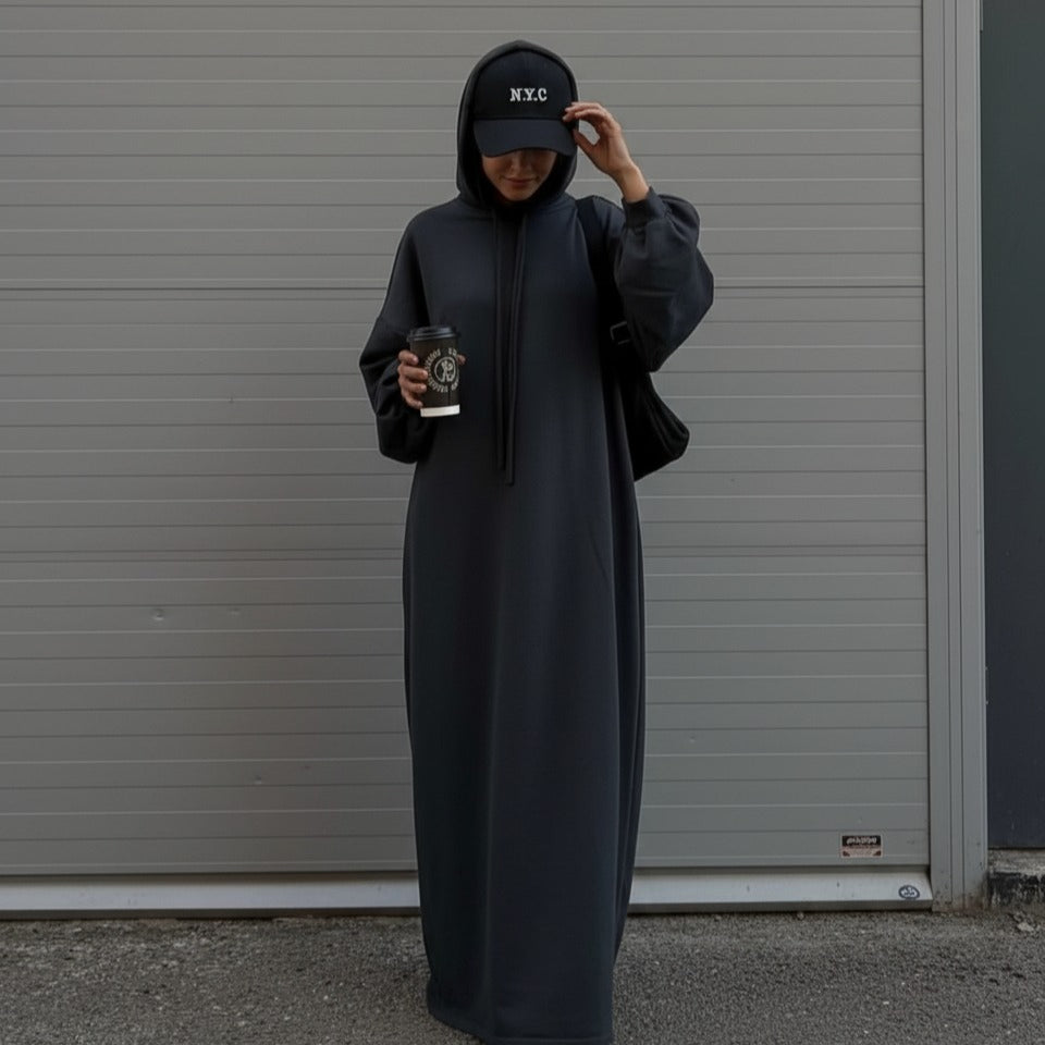French Terry Hoodie Abaya With Pockets (MA340) - Mariam's Collection