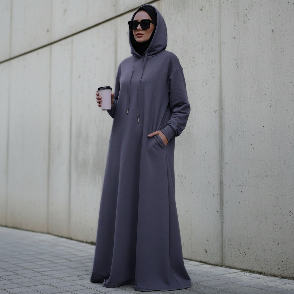 French Terry Hoodie Abaya With Pockets (MA340) - Mariam's Collection
