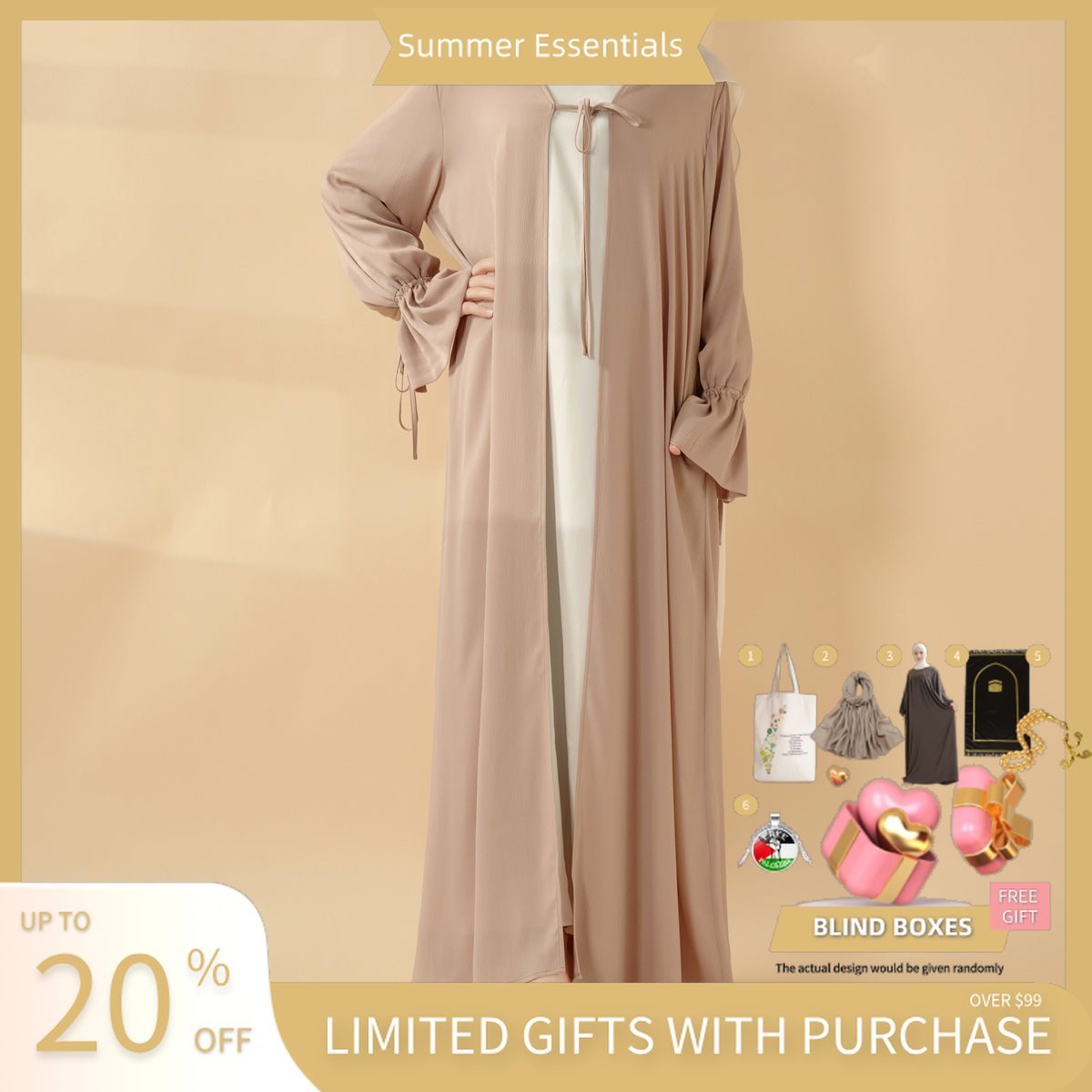 Front Bowknot Ribbon Tie Abaya With Ruffle Sleeves (MOA117) - Mariam's Collection