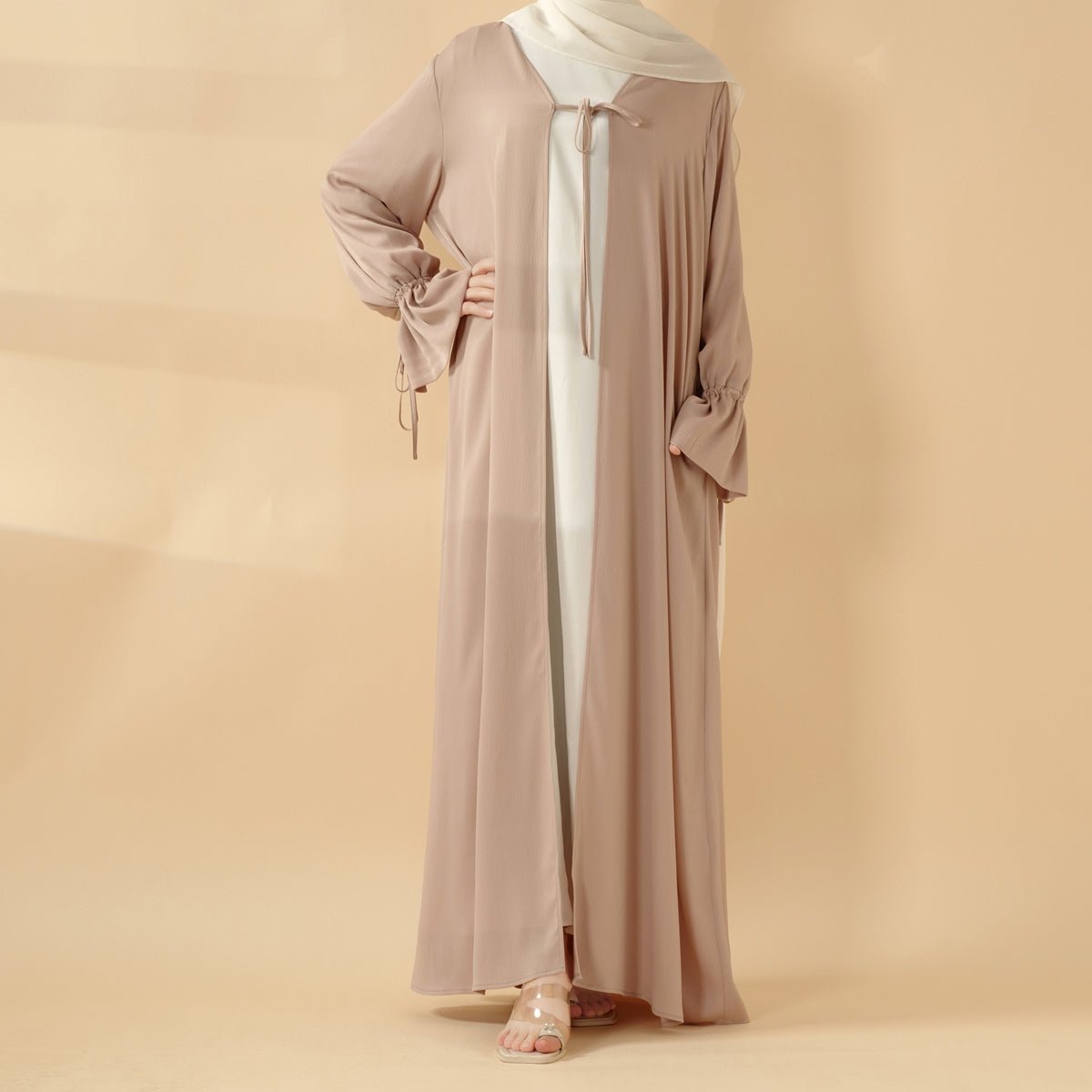 Front Bowknot Ribbon Tie Abaya With Ruffle Sleeves (MOA117) - Mariam's Collection