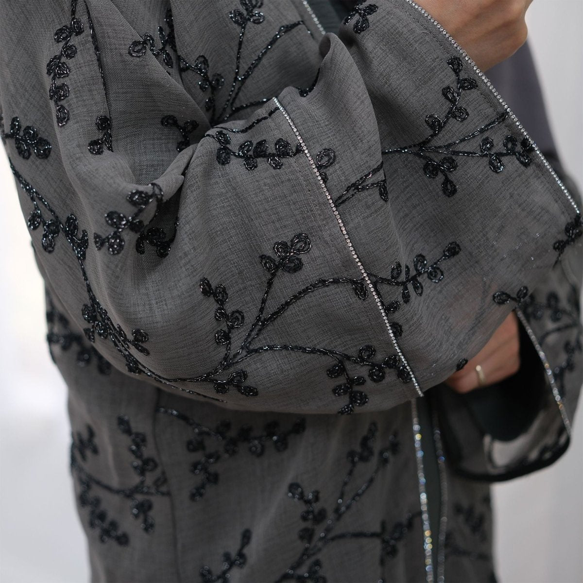 Fully Embroidered Abaya Set | Crystal Trim Vine Pattern Cardigan & Dress(MOA262) - Mariam's Collection