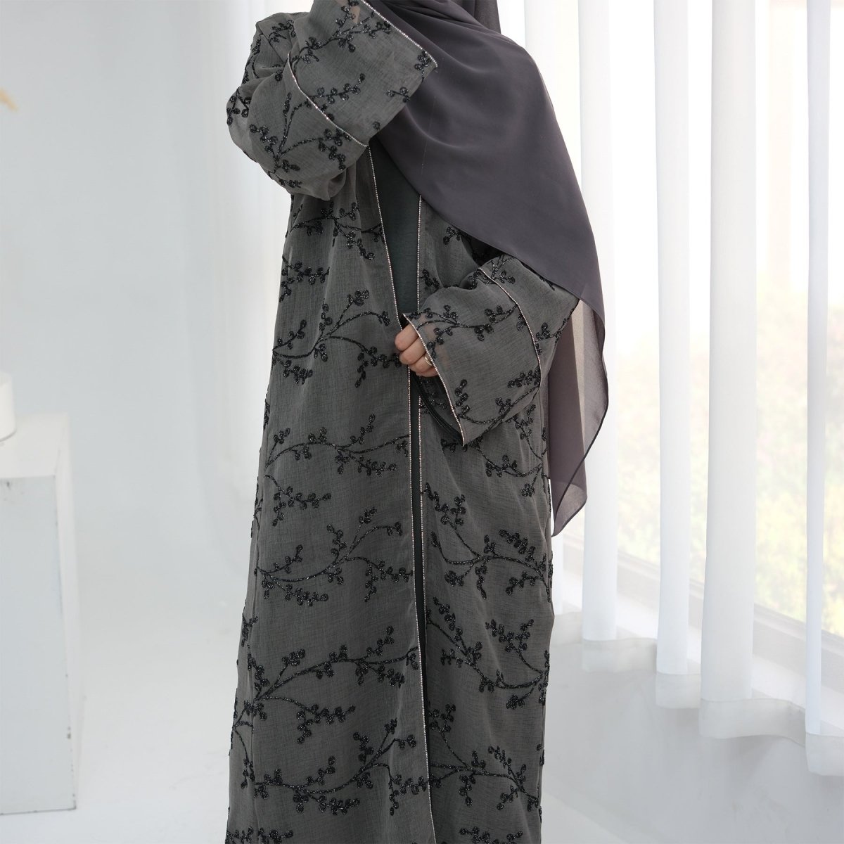 Fully Embroidered Abaya Set | Crystal Trim Vine Pattern Cardigan & Dress(MOA262) - Mariam's Collection