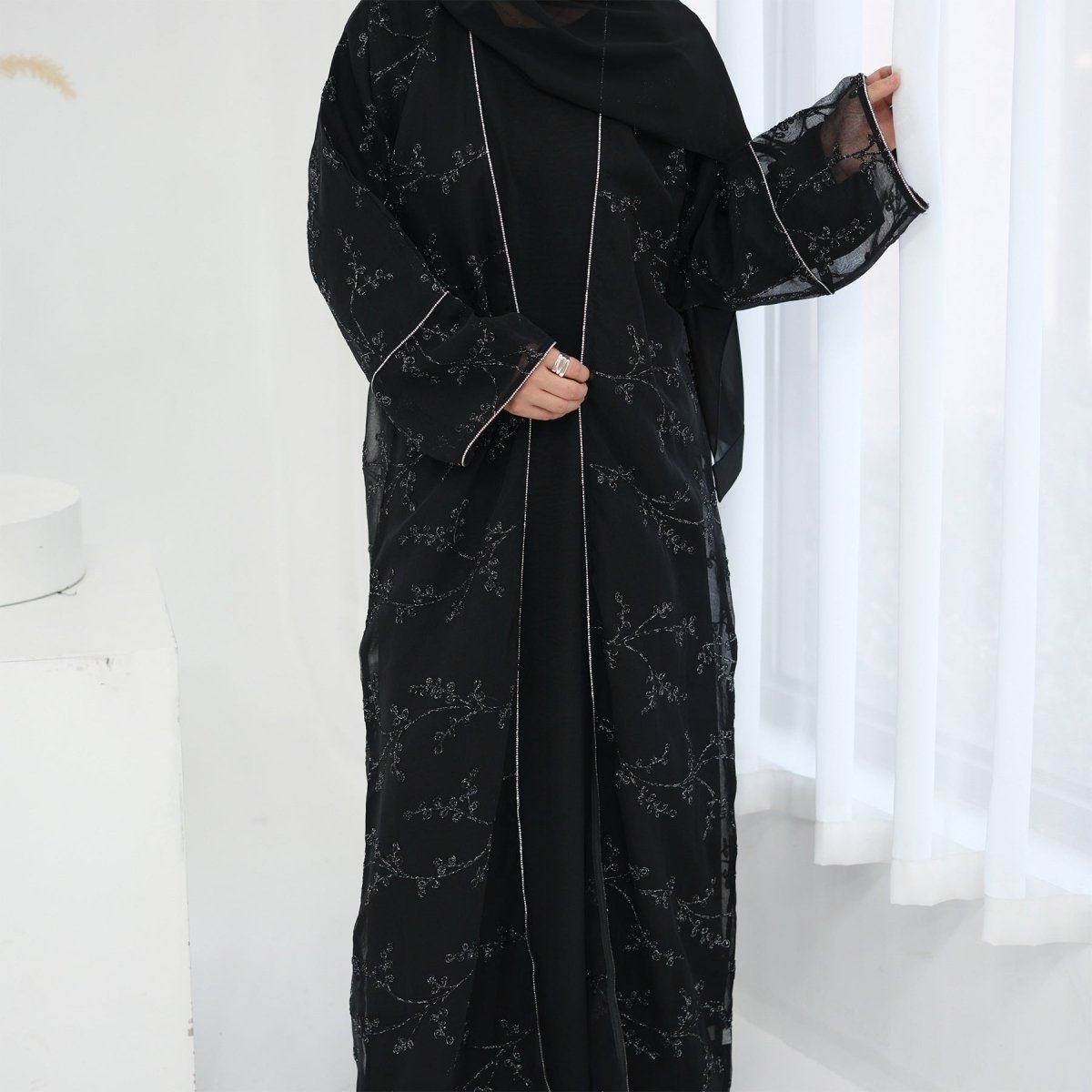 Fully Embroidered Abaya Set | Crystal Trim Vine Pattern Cardigan & Dress(MOA262) - Mariam's Collection