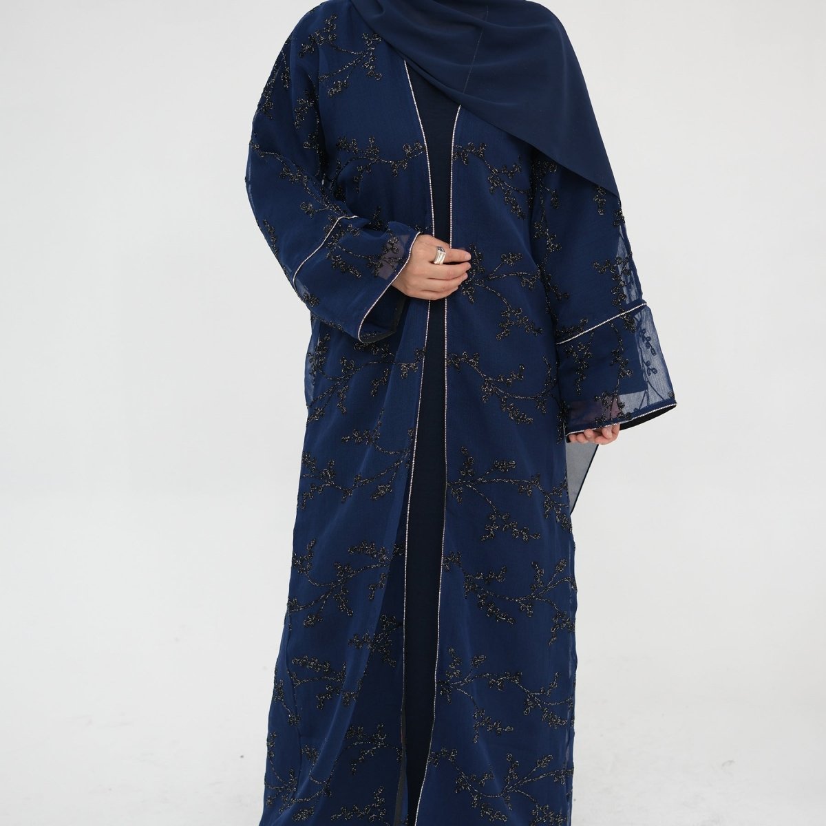 Fully Embroidered Abaya Set | Crystal Trim Vine Pattern Cardigan & Dress(MOA262) - Mariam's Collection