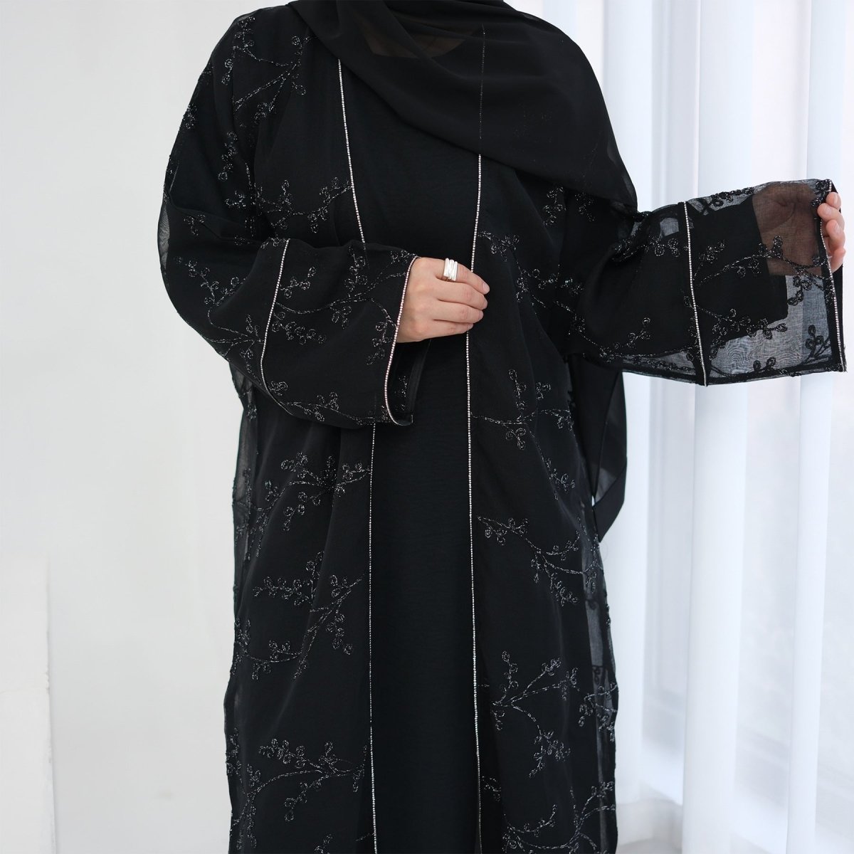 Fully Embroidered Abaya Set | Crystal Trim Vine Pattern Cardigan & Dress(MOA262) - Mariam's Collection