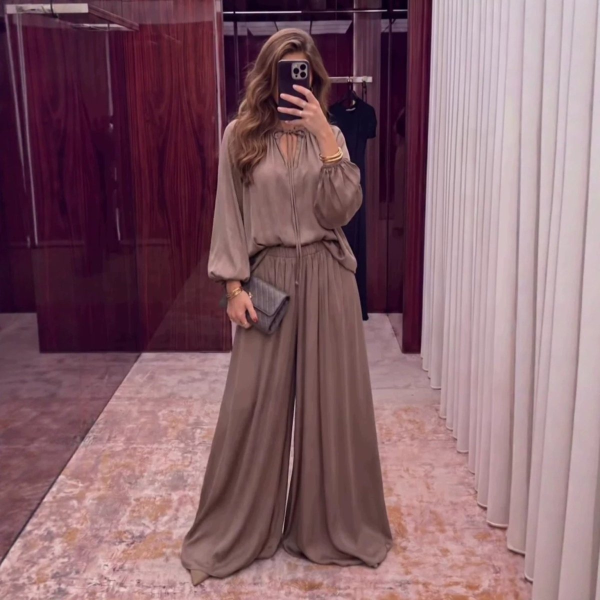 Full-length styling of modest satin trouser suit set