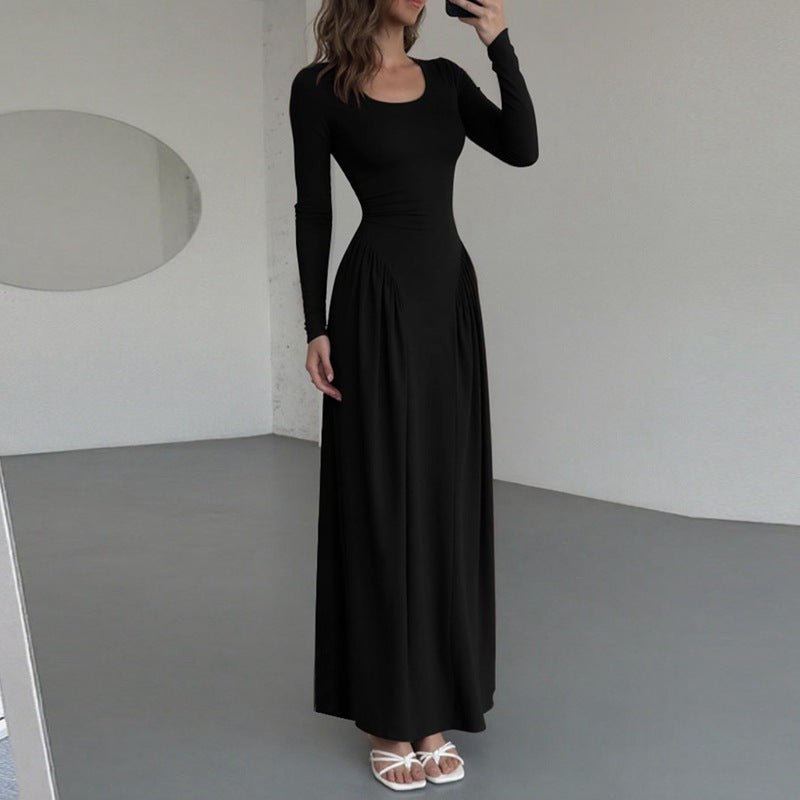 Gathered Waist Maxi Dress | U - Neck Long Sleeve Modal Dress(MS232) - Mariam's Collection