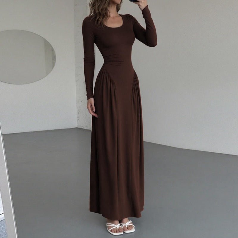 Gathered Waist Maxi Dress | U - Neck Long Sleeve Modal Dress(MS232) - Mariam's Collection