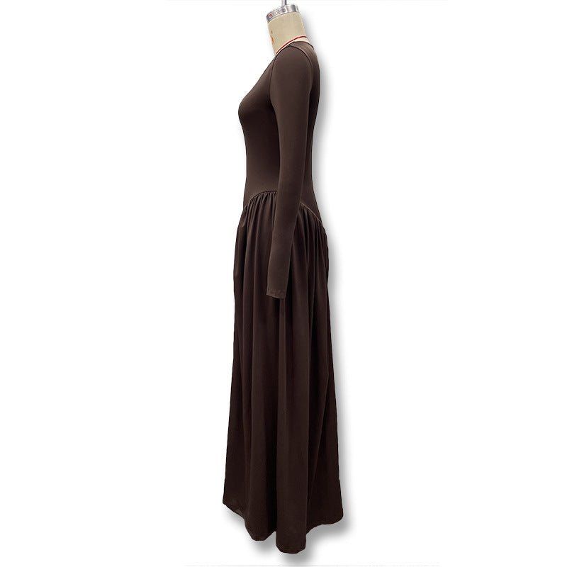Gathered Waist Maxi Dress | U - Neck Long Sleeve Modal Dress(MS232) - Mariam's Collection