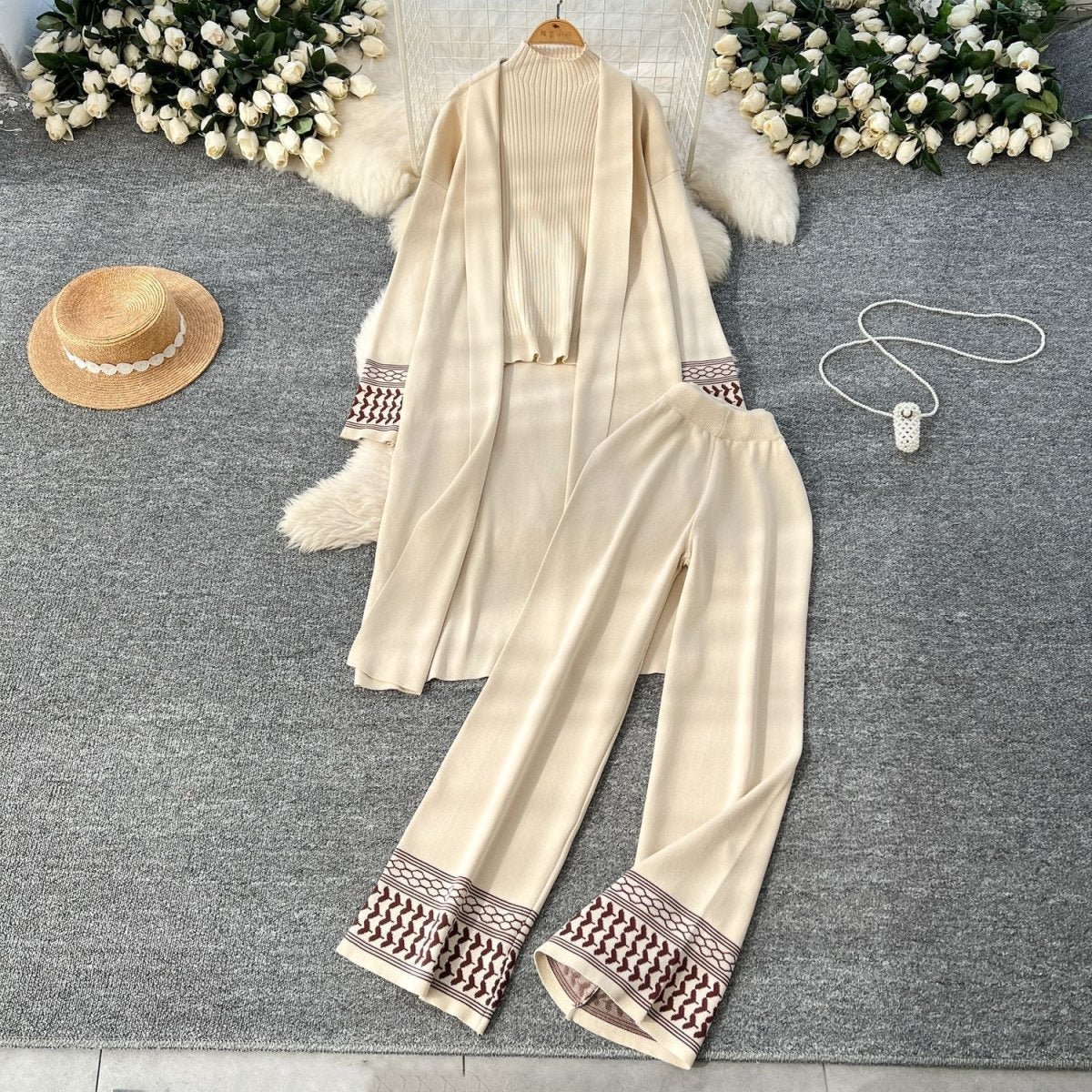 Geometric Jacquard-Trim Ribbed Knit 3-Piece Set(MS471) - Mariam's Collection