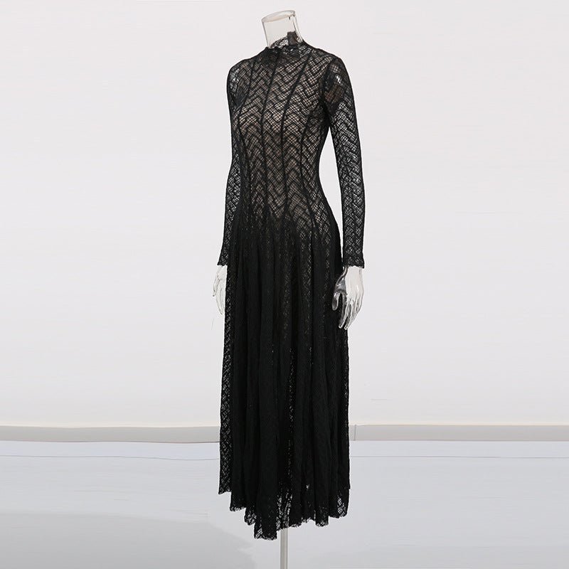 Geometric Lace Mock Neck Maxi Dress Fitted Lace Modest Evening Dress Black / S Geometric Lace Mock Neck Maxi Dress Fitted Lace Modest Evening Dress Black / S