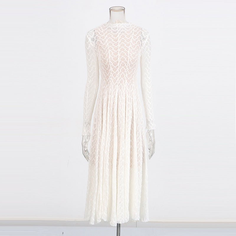 Geometric Lace Mock Neck Maxi Dress  Fitted Lace Modest Evening Dress White / L
