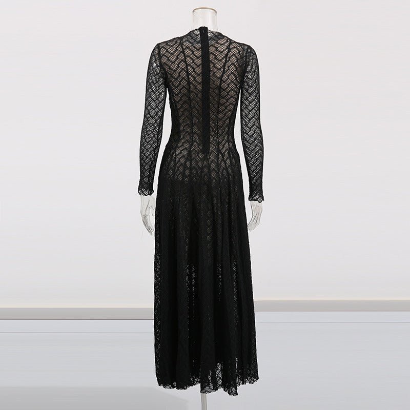 Geometric Lace Mock Neck Maxi Dress Fitted Lace Modest Evening Dress Black / S Geometric Lace Mock Neck Maxi Dress Fitted Lace Modest Evening Dress Black / S