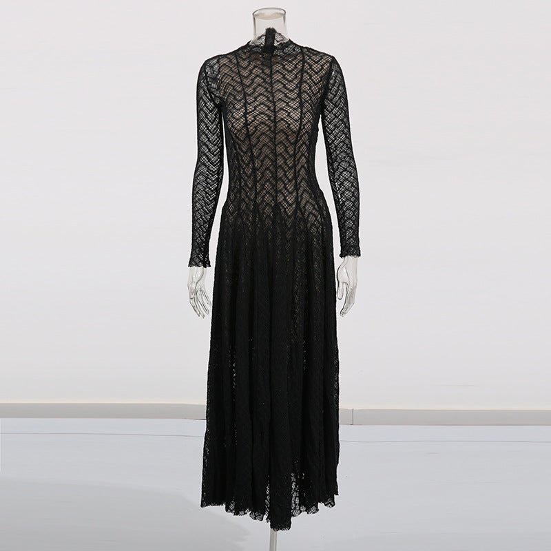 Geometric Lace Mock Neck Maxi Dress Fitted Lace Modest Evening Dress Black / S Geometric Lace Mock Neck Maxi Dress Fitted Lace Modest Evening Dress Black / S