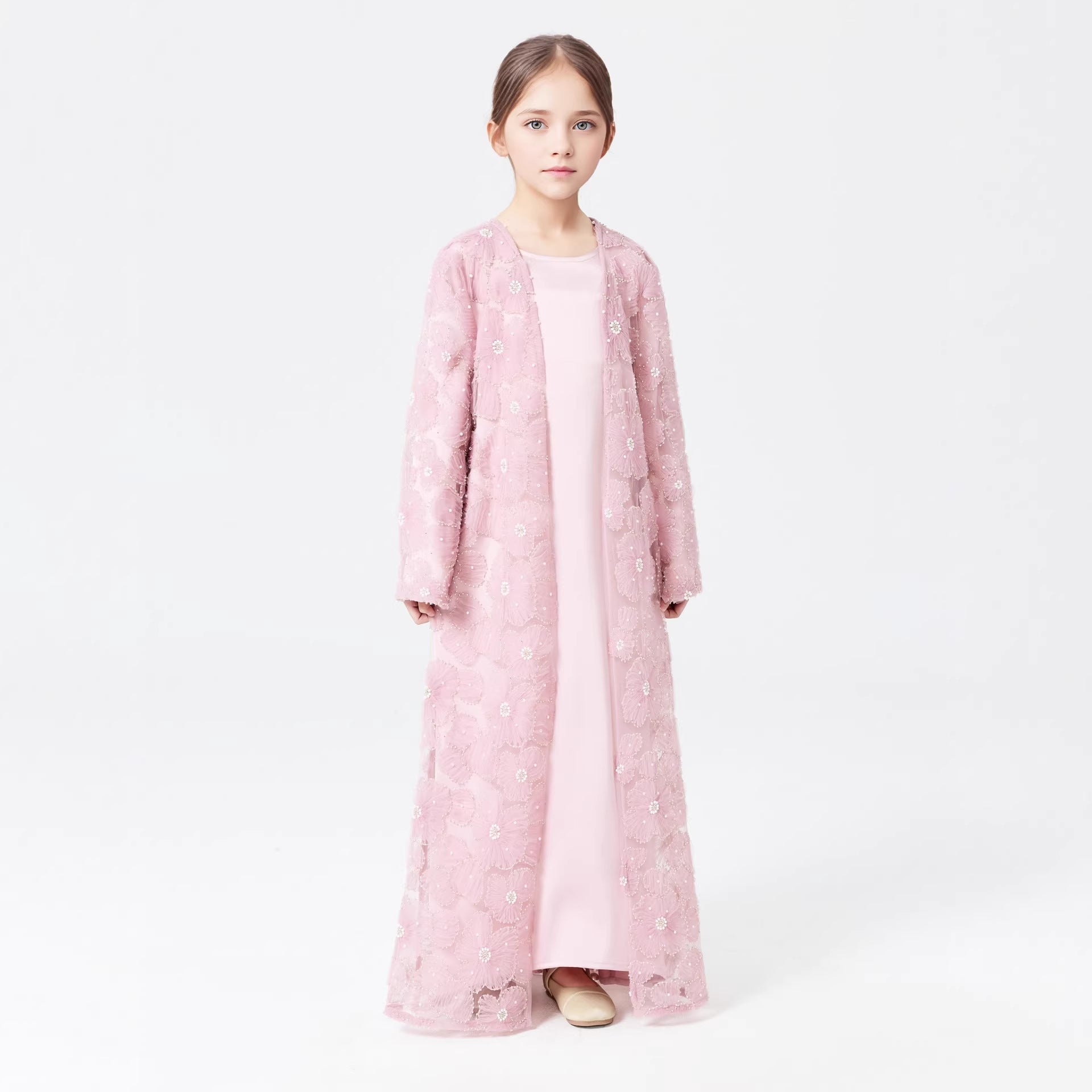 Girls 3D Floral Mesh Open Abaya & Satin Inner Dress Two-Piece Set(MKG031) - Mariam's Collection