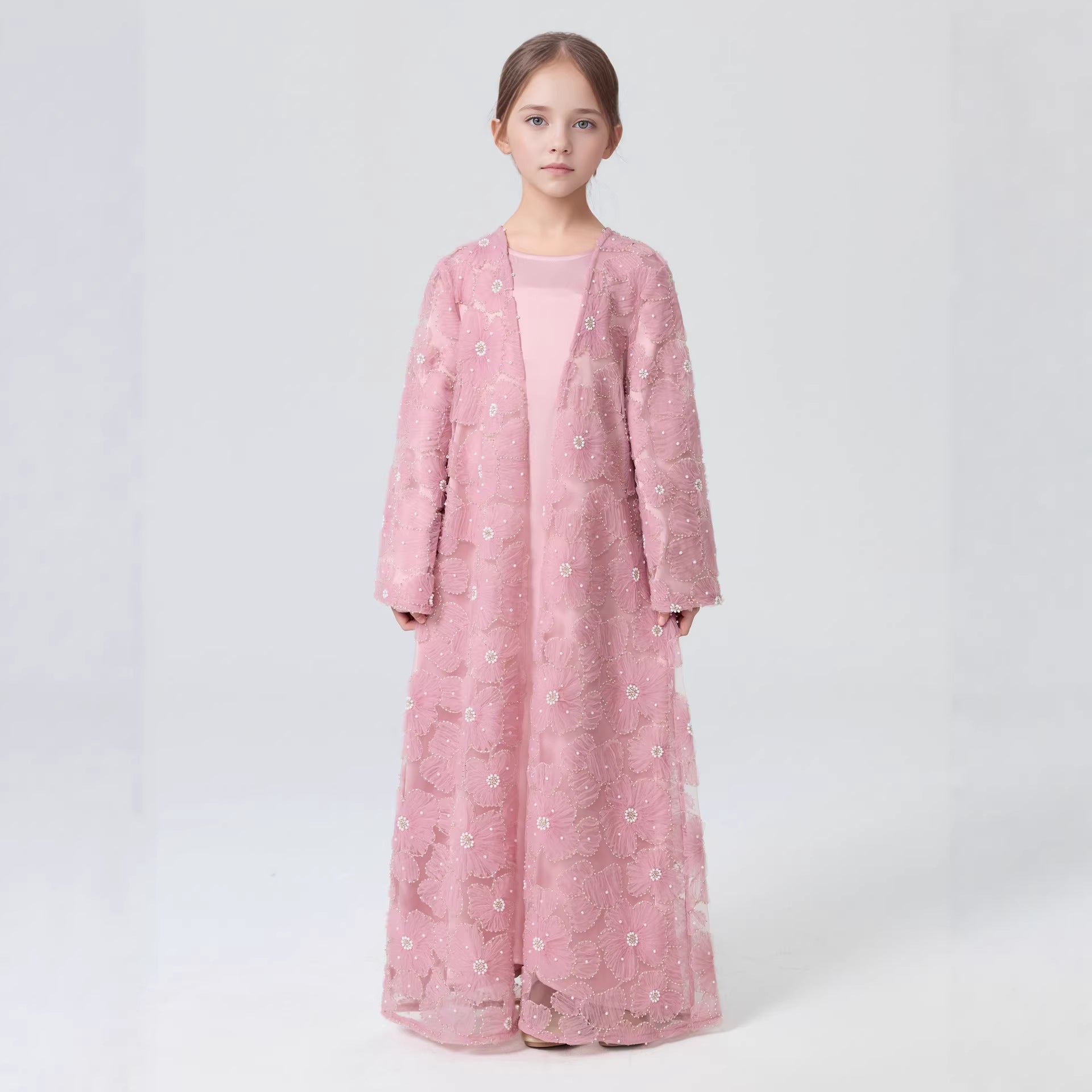 Girls 3D Floral Mesh Open Abaya & Satin Inner Dress Two-Piece Set(MKG031) - Mariam's Collection