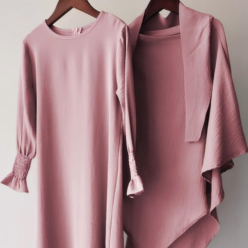 Girls Crinkle Fabric Pullover Abaya & Matching Hijab Two-Piece Set(MKG032) - Mariam's Collection