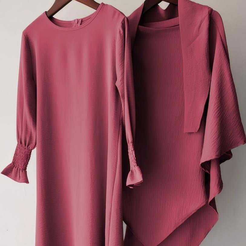 Girls Crinkle Fabric Pullover Abaya & Matching Hijab Two-Piece Set(MKG032) - Mariam's Collection