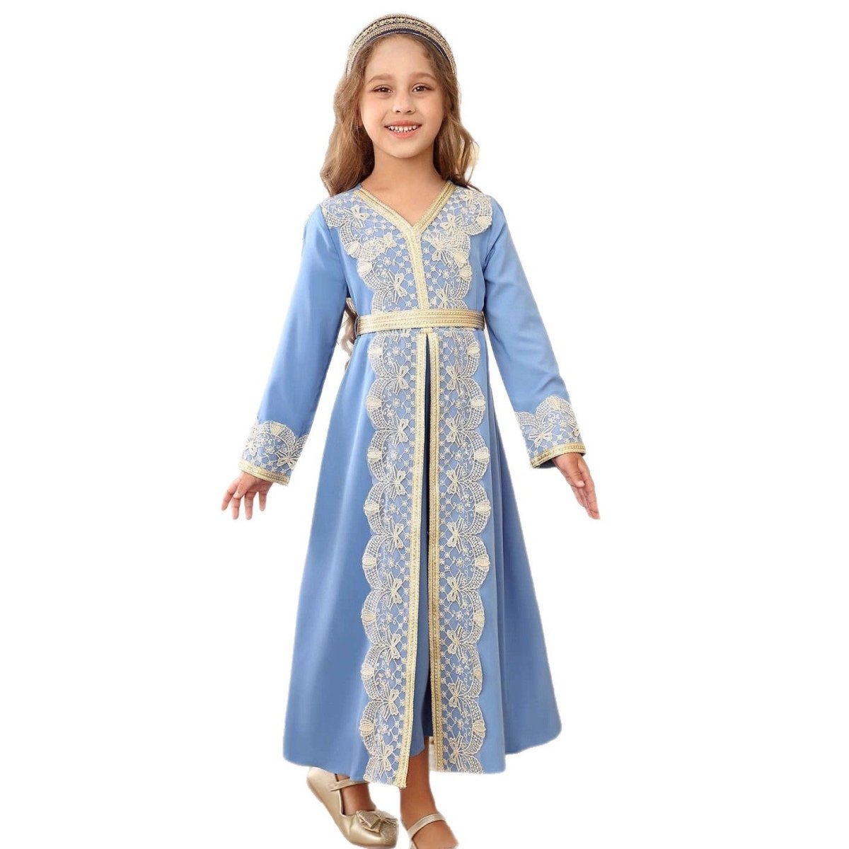 Girls Lace Trim Kaftan Dress | Elegant Kids Formal Abaya(MKG018) - Mariam's Collection