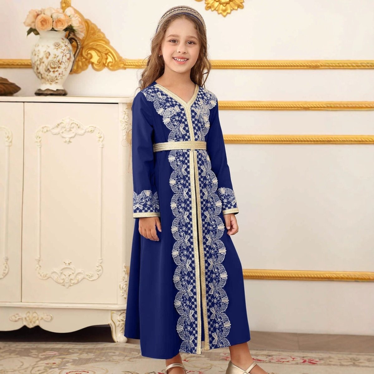 Girls Lace Trim Kaftan Dress | Elegant Kids Formal Abaya(MKG018) - Mariam's Collection