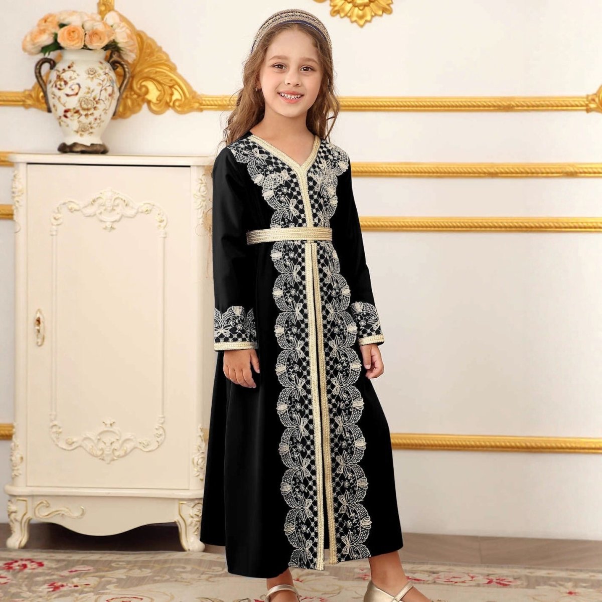 Girls Lace Trim Kaftan Dress | Elegant Kids Formal Abaya(MKG018), Black / 6-7Y Girls Lace Trim Kaftan Dress | Elegant Kids Formal Abaya(MKG018), Black / 6-7Y