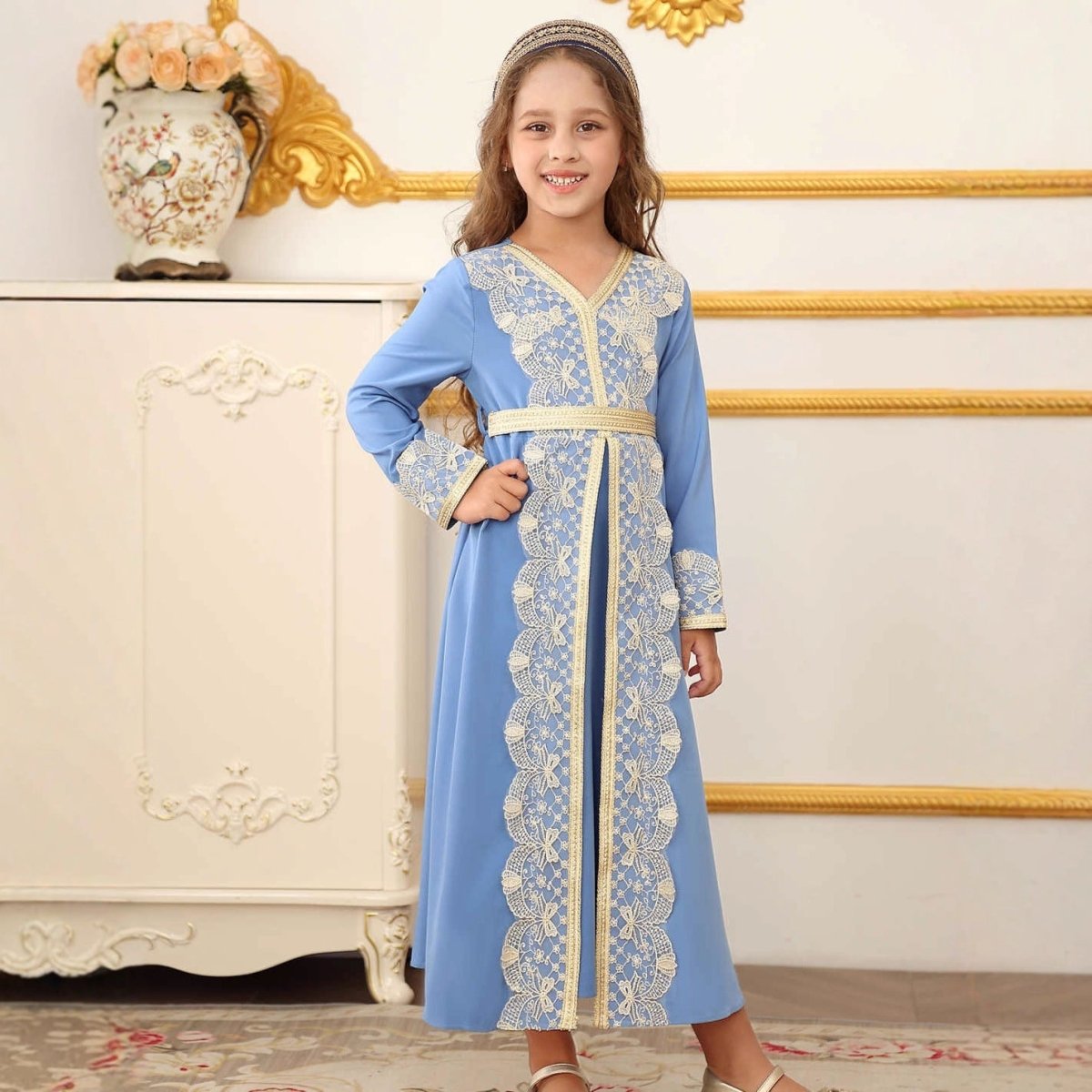 Girls Lace Trim Kaftan Dress | Elegant Kids Formal Abaya(MKG018) - Mariam's Collection