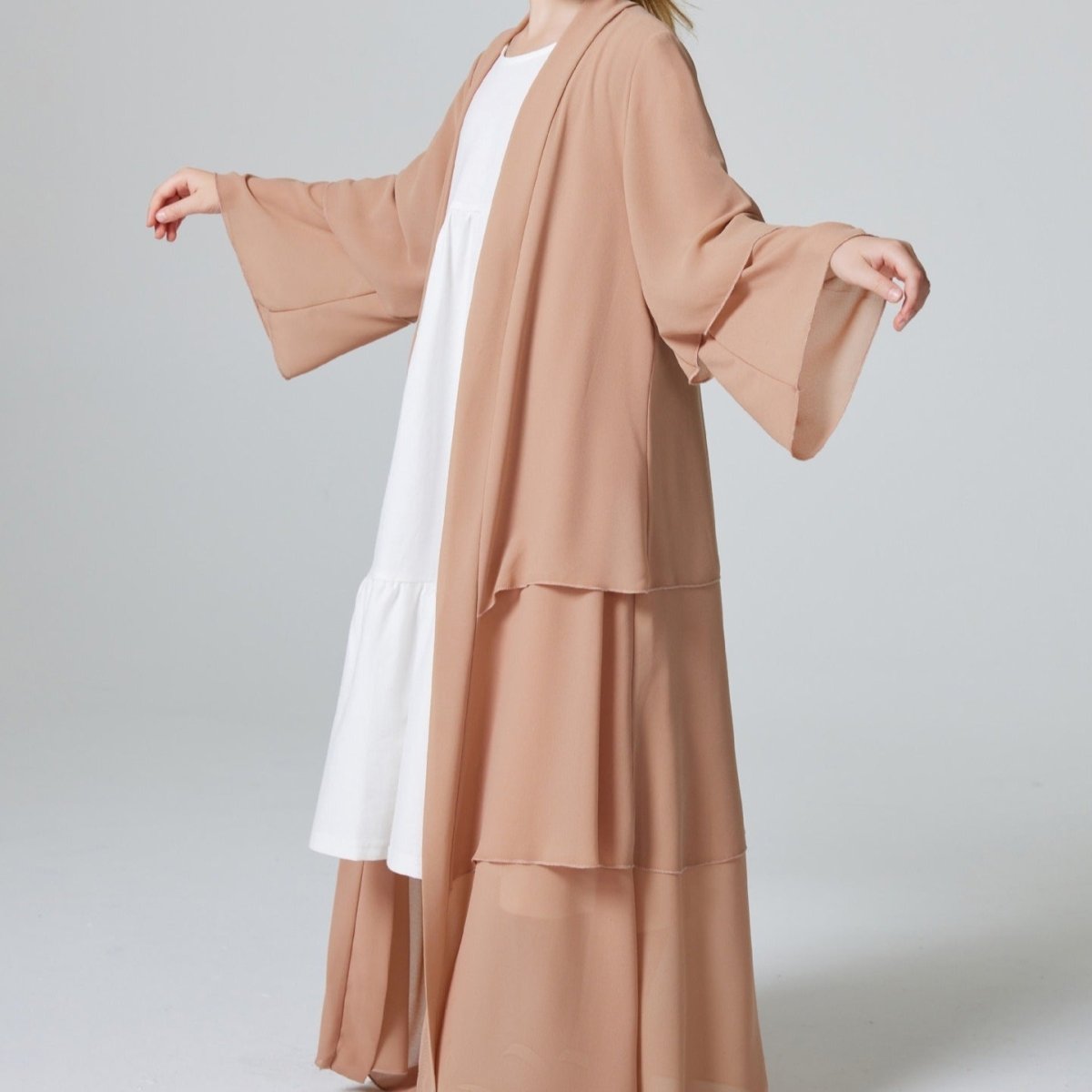 Girls Plain 3 - Layered Chiffon Open Abaya Kid Abaya(MKG009) - Mariam's Collection