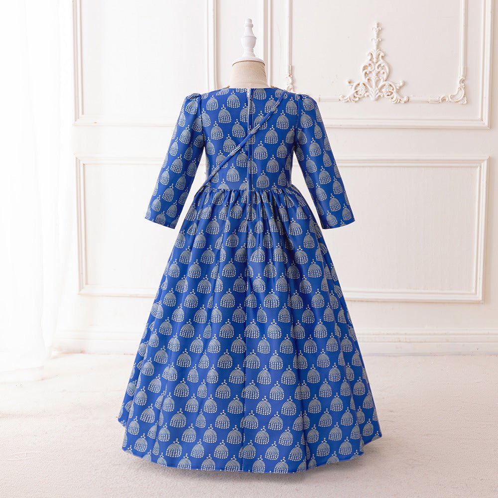 Girls Royal Blue Printed Kaftan Dress(MKG023) - Mariam's Collection