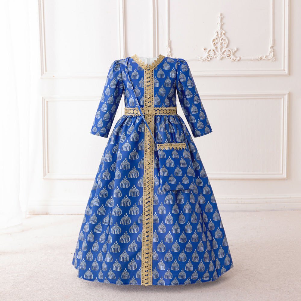 Girls Royal Blue Printed Kaftan Dress(MKG023) - Mariam's Collection