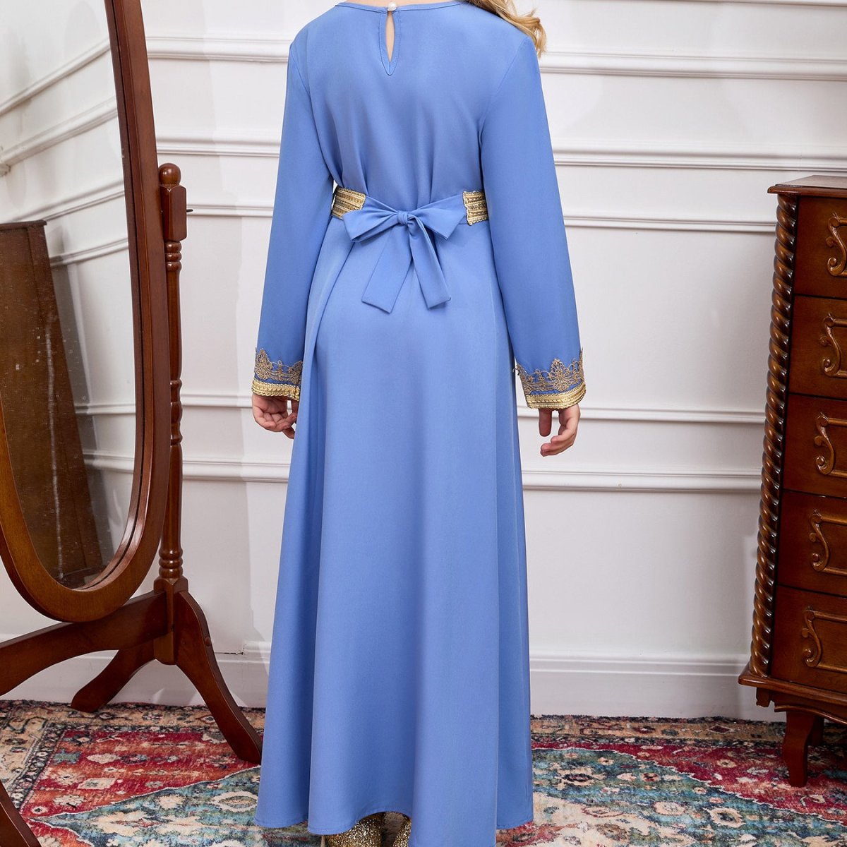 Girls V - Neck Patchwork Lace Kid Abaya(MKG010) - Mariam's Collection